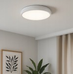 Plafon Luvo z czujnikiem ruchu, LED, okrągły, średnica 32,5 cm, moc 24W, barwa 4000K, kolor biały. Zainstalowany na suficie, emitujący neutralne światło, w otoczeniu rośliny i obrazu na ścianie.