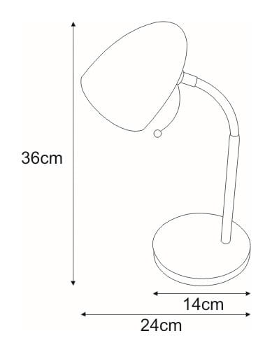 Lampka biurkowa Kajtek w kolorze białym, z pojedynczym gniazdem E27. Ma okrągłą podstawę o średnicy 14 cm, wysokość 36 cm oraz regulowaną głowicę. Prosty, elegancki kształt, idealna do biura lub pokoju.