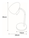 Lampka biurkowa Kajtek w kolorze białym, z pojedynczym gniazdem E27. Ma okrągłą podstawę o średnicy 14 cm, wysokość 36 cm oraz regulowaną głowicę. Prosty, elegancki kształt, idealna do biura lub pokoju.