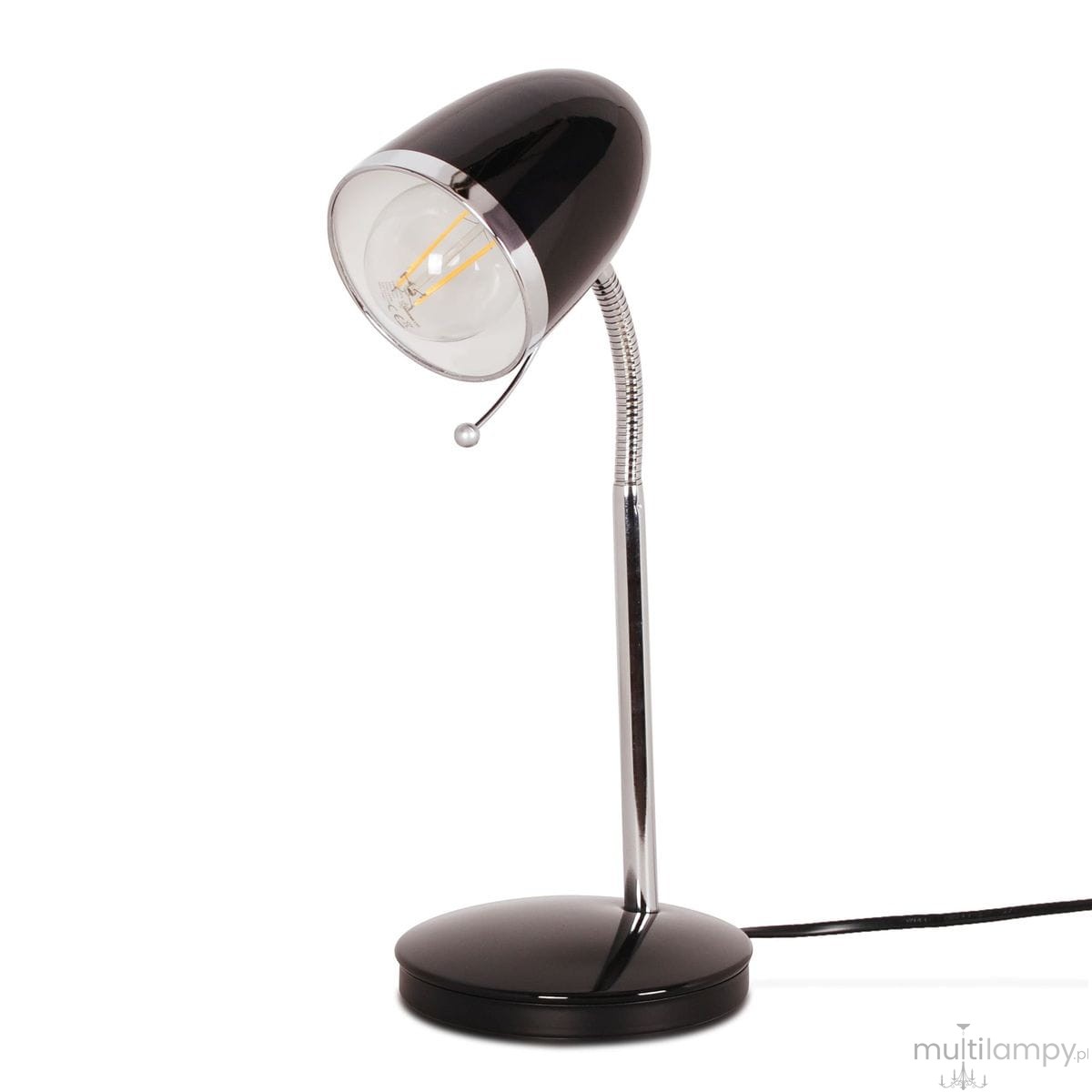 Czarna lampka biurkowa Kajtek z metalowym, giętkim ramieniem. Okrągła podstawa, przezroczysta klosz z żarówką E27. Prosty, elegancki design, idealna do biura lub na stół. Ujęcie z boku, produkt stojący na białym tle.