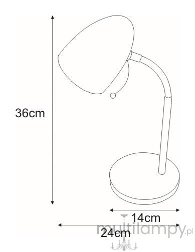 Czarna lampka biurkowa Kajtek z regulowanym kloszem, wysokość 36 cm, średnica podstawy 24 cm, szerokość podstawy 14 cm. Wyposażona w gniazdo E27, idealna do biura lub na stół.