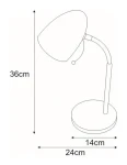 Czarna lampka biurkowa Kajtek z regulowanym kloszem, wysokość 36 cm, średnica podstawy 24 cm, szerokość podstawy 14 cm. Wyposażona w gniazdo E27, idealna do biura lub na stół.