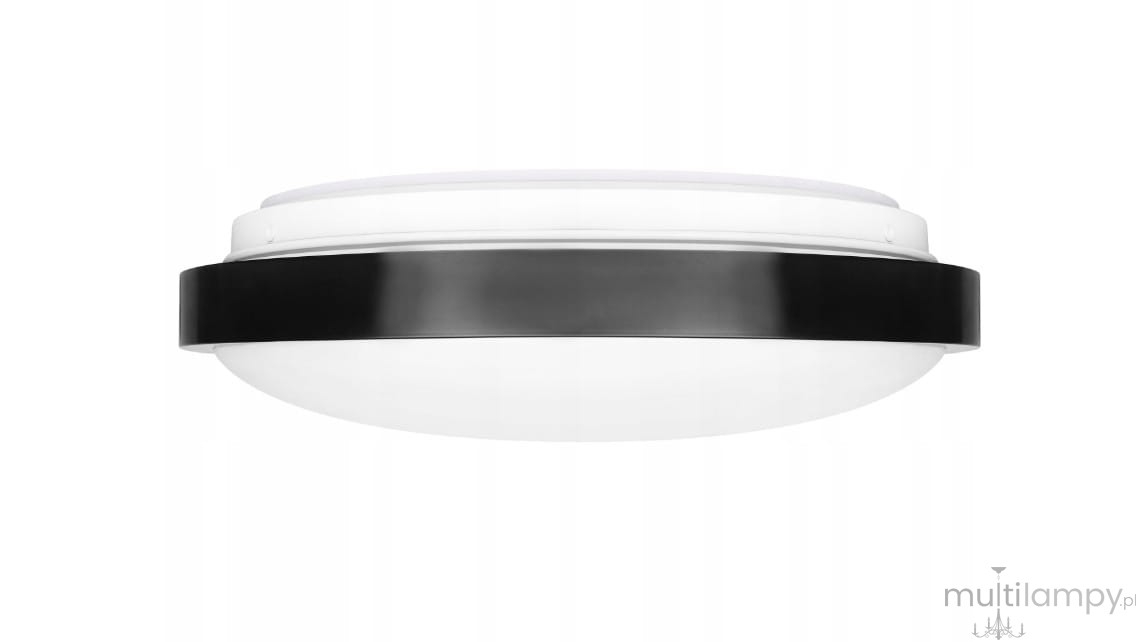 Luvo plafon LED o średnicy 27,5 cm, mocy 18W, barwie światła 4000K, z klasą szczelności IP44. Posiada czarną, matową obręcz oraz przezroczysty klosz w kształcie półkuli, zamontowany na suficie.