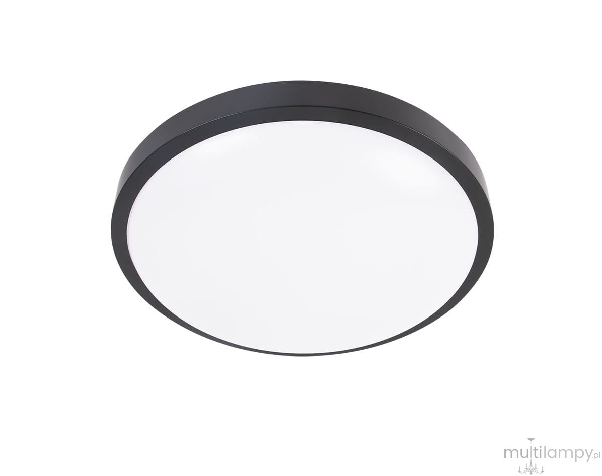 Czarny plafon LED Luvo o średnicy 27,5 cm, mocy 18W, barwie światła 4000K, z klasą szczelności IP44. Produkt ma okrągły kształt i gładką, białą powierzchnię emitującą światło. Ujęcie z boku, pokazujące montaż sufitowy.