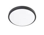 Czarny plafon LED Luvo o średnicy 27,5 cm, mocy 18W, barwie światła 4000K, z klasą szczelności IP44. Produkt ma okrągły kształt i gładką, białą powierzchnię emitującą światło. Ujęcie z boku, pokazujące montaż sufitowy.