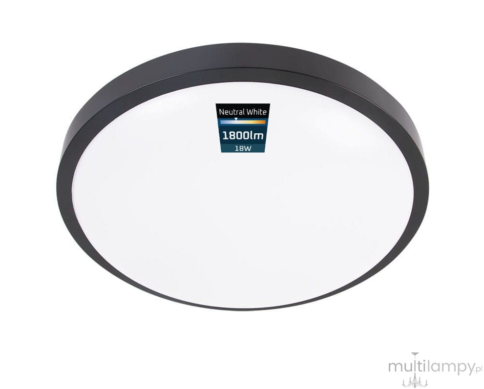 Plafon LED Luvo o średnicy 27,5 cm w kolorze czarnym, moc 18W, IP44. Płaski kształt z przezroczystym kloszem, emitujący światło o barwie neutralnej (4000K) z jasnością 1800 lm. Ujęcie z przodu, montowany sufitowo.