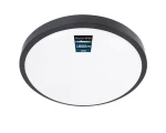 Plafon LED Luvo o średnicy 27,5 cm w kolorze czarnym, moc 18W, IP44. Płaski kształt z przezroczystym kloszem, emitujący światło o barwie neutralnej (4000K) z jasnością 1800 lm. Ujęcie z przodu, montowany sufitowo.