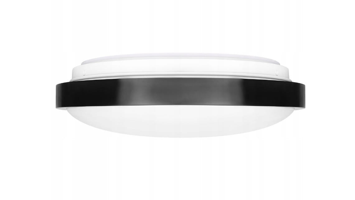 Plafon LED Luvo o średnicy 32,5 cm, mocy 24W, barwie światła 4000K, w klasie szczelności IP44. Posiada czarną, matową obręcz oraz przezroczystą, półkulistą osłonę. Ujęcie z boku, ukazujące profil i kształt lampy.