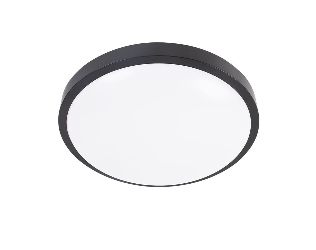 Plafon LED Luvo o średnicy 32,5 cm, mocy 24W, barwie światła 4000K, w obudowie czarnej. Klasyczny, okrągły kształt z białym kloszem, montowany na suficie, o stopniu ochrony IP44, idealny do wnętrz i przestrzeni z ograniczoną wilgotnością.