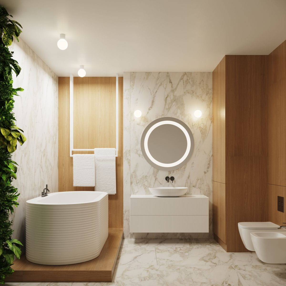 Lampa sufitowa Halo 1xG9 IP44 w białym kolorze, zamontowana na suficie w łazience. Okrągła, minimalistyczna forma z lekko matowym wykończeniem. W tle widoczna nowoczesna aranżacja z wanną i umywalką.