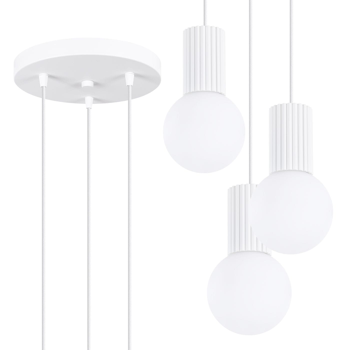 Lampa wisząca Halo 3xG9 w kolorze białym z trzema okrągłymi kloszami i teksturowanymi podstawami. Ujęcie z boku, z widoczną okrągłą podsufitką i białymi przewodami. Idealna do nowoczesnych wnętrz.