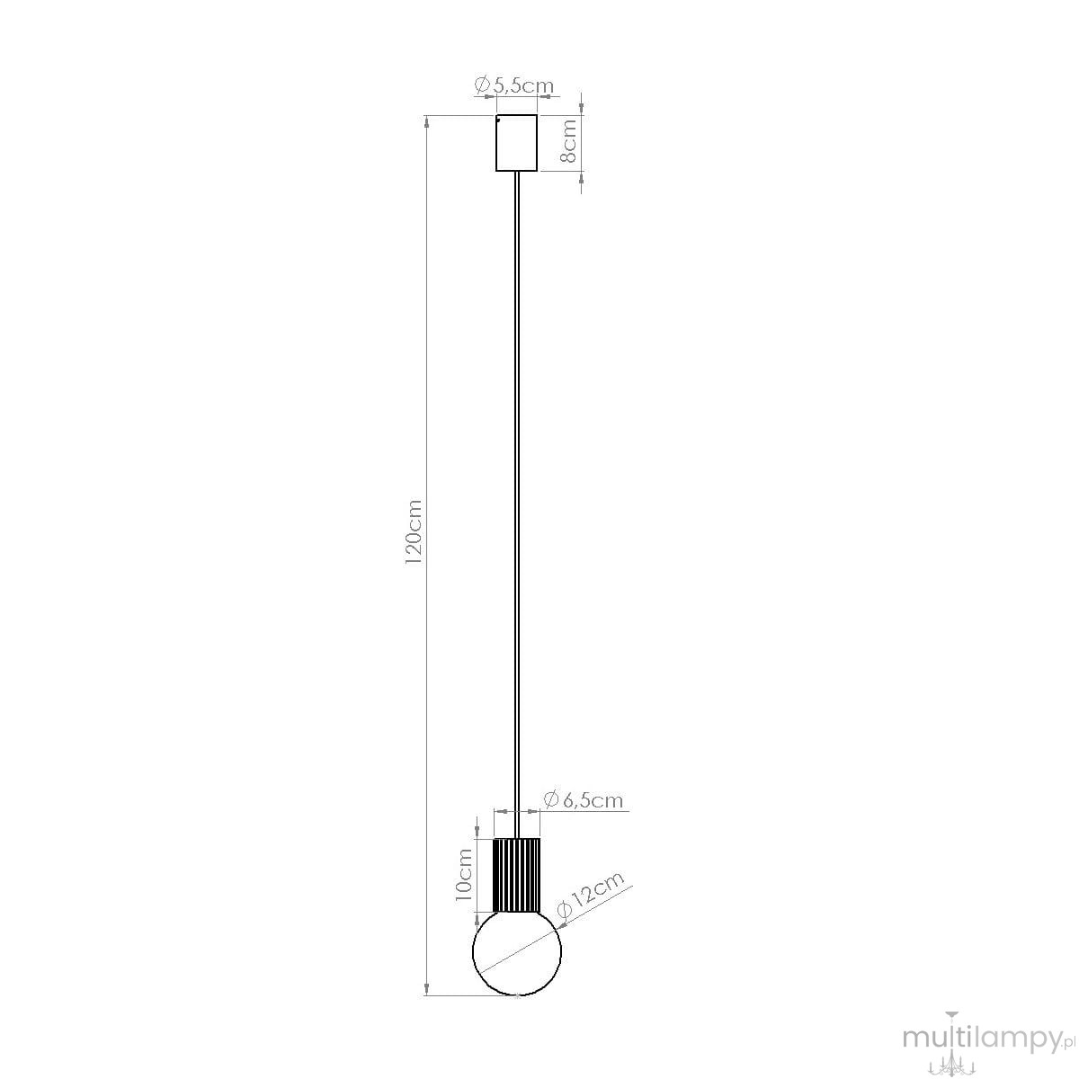 Lampa wisząca Halo w kolorze czarnym, z jednym źródłem światła G9. Posiada prostą, minimalistyczną konstrukcję z okrągłym kloszem o średnicy 12 cm i prostokątnym mocowaniem. Długość całkowita wynosi 120 cm.