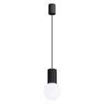 Czarna lampa wisząca Halo z jedną żarówką G9. Posiada okrągłą, matową szklaną kulę oraz dekoracyjną, żebrowaną podstawę. Zawieszona na cienkim, długim przewodzie. Prosty, nowoczesny design, idealna do aranżacji wnętrz.