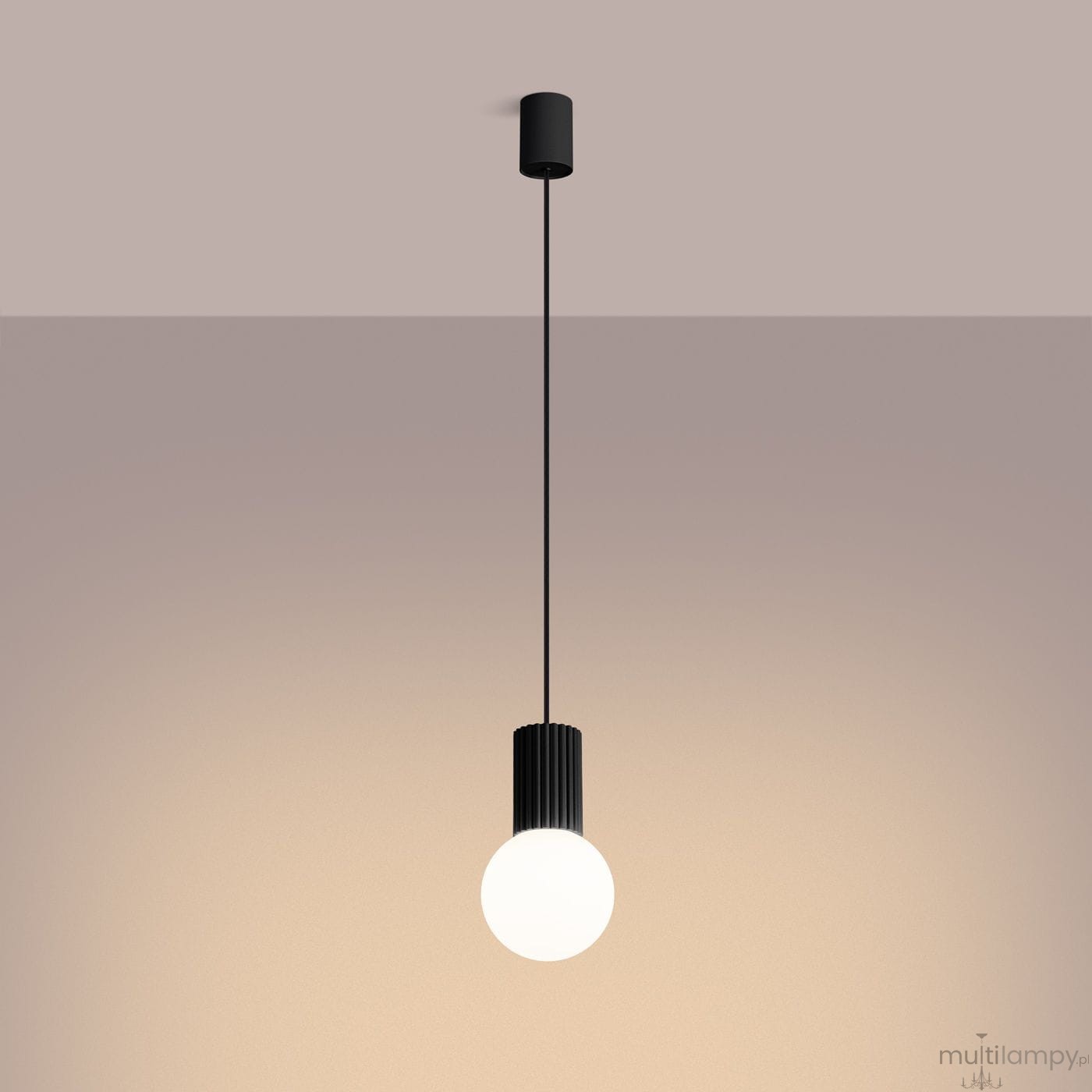 Czarna lampa wisząca Halo 1xG9 z okrągłą, białą żarówką zawieszona na cienkim przewodzie. Elementy metalowe o matowej fakturze, minimalistyczny design. Lampa montowana sufitowo, widoczna z przodu na jednolitym tle.