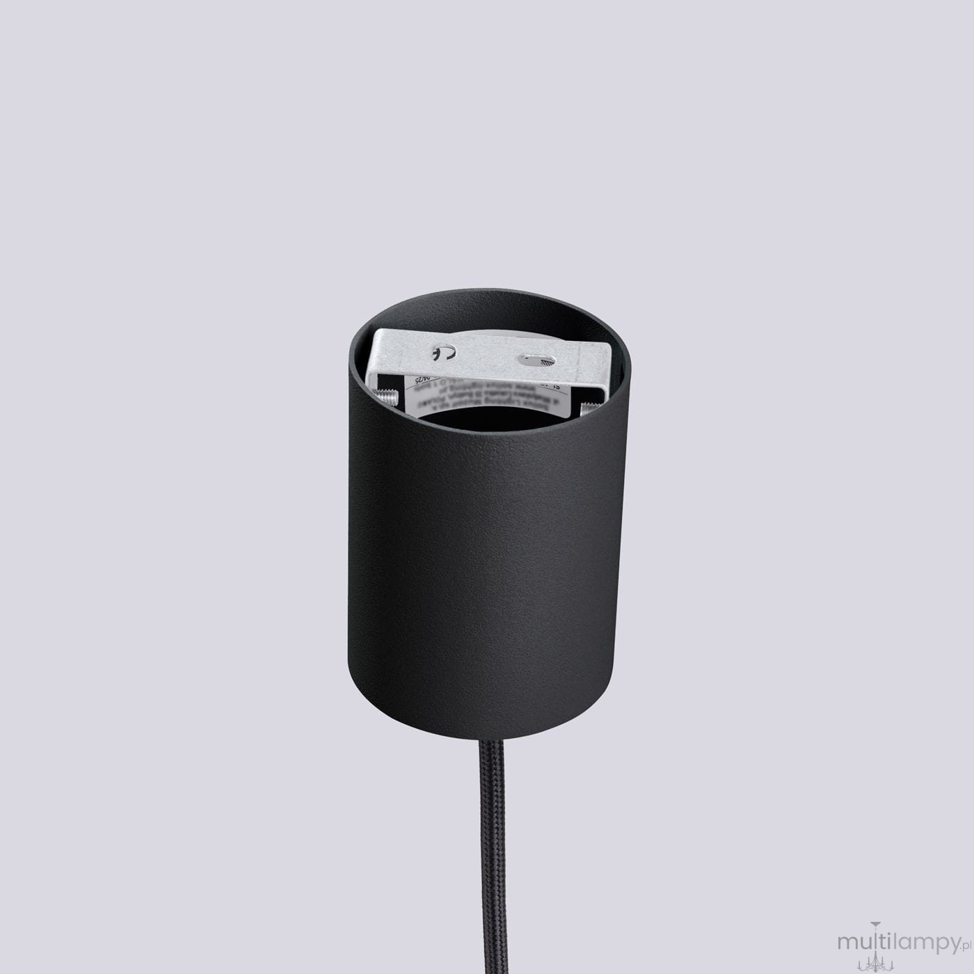 Czarna lampa wisząca Halo z gniazdem na żarówkę G9, o cylindrycznym kształcie. Widoczny metalowy uchwyt wewnętrzny. Lampa zawieszona na czarnym kablu. Tło jednolite, szare.
