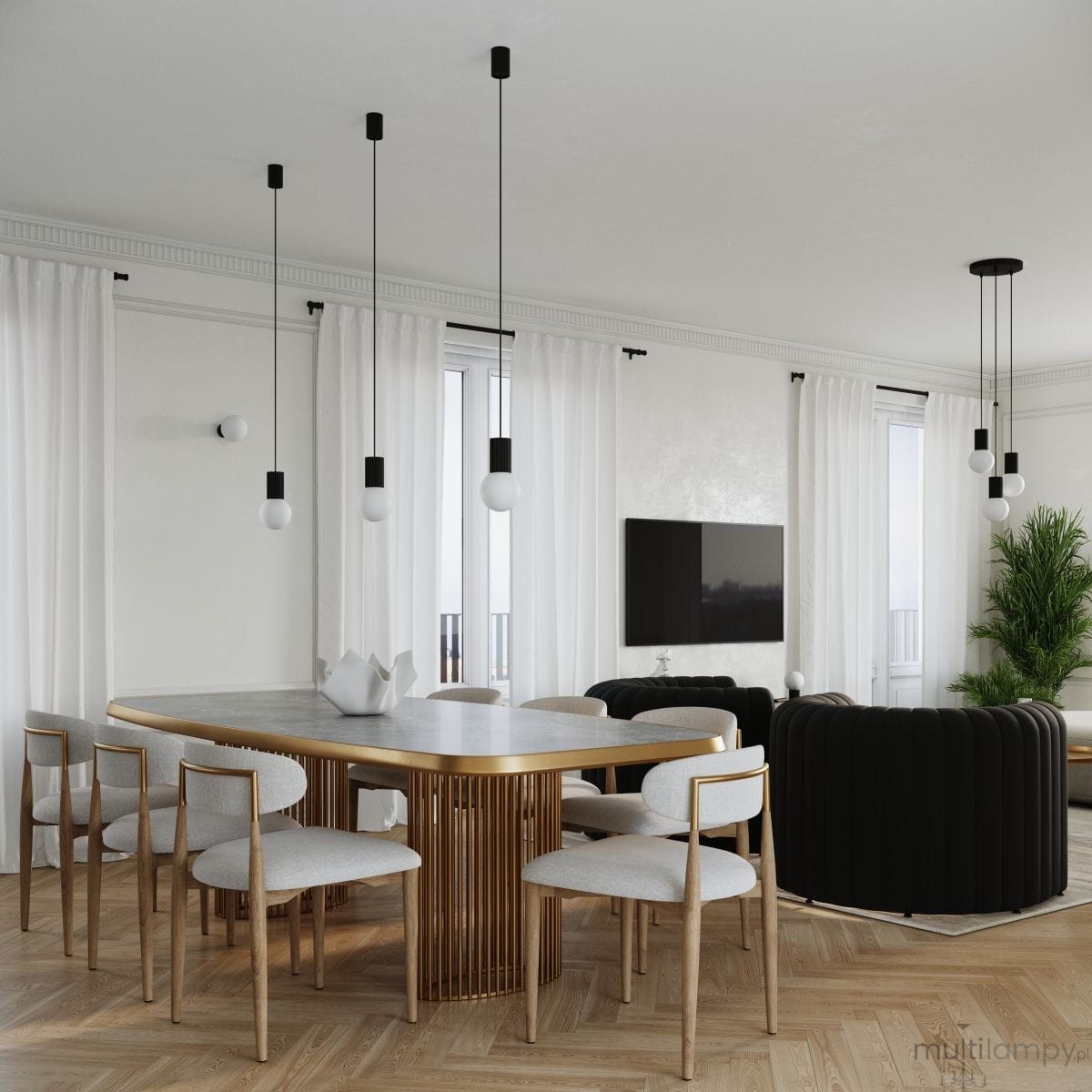 Lampa wisząca Halo w kolorze czarnym, z jedną oprawą G9. Wisi na cienkich linkach, obok białych kulistych żarówek. Znajduje się w nowoczesnym wnętrzu z drewnianym stołem i jasnymi zasłonami.