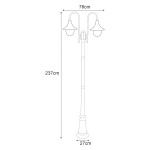 Lampa ogrodowa Boston H220 stojąca, czarna, z dwiema oprawami E27. Wysokość 237 cm, szerokość 78 cm, podstawa 27 cm. Konstrukcja z podwójnym ramieniem i kloszami w kształcie dzwonu, przeznaczona do użytku na zewnątrz.