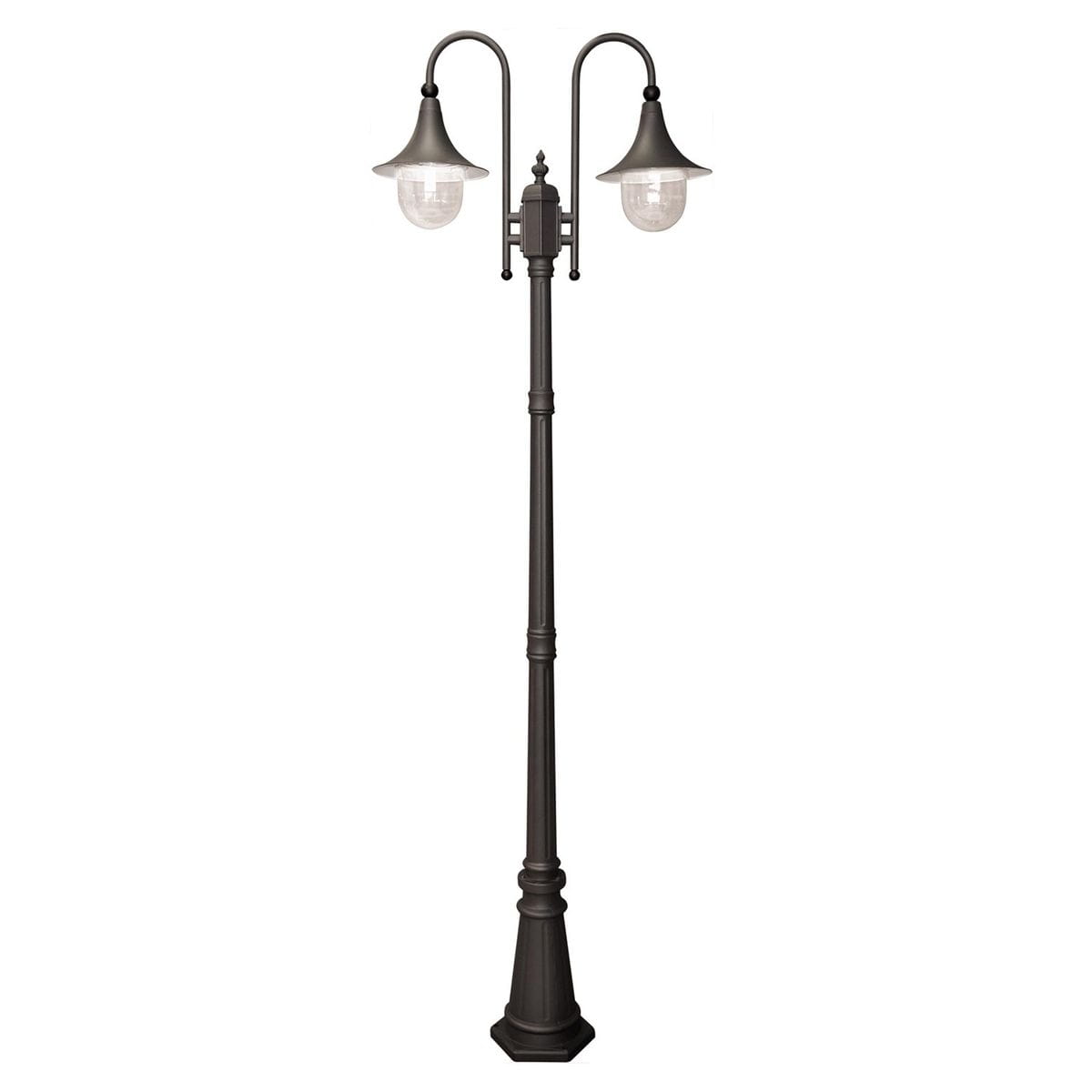 Lampa ogrodowa stojąca Boston H220 w kolorze czarnym, z dwoma kloszami, przeznaczona na żarówki E27. Ma smukłą, elegancką strukturę z dekoracyjnym postumentem i lekko zaokrąglonymi kloszami, osadzona na kwadratowej podstawie.