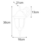 Kinkiet elewacyjny ścienny Vasco K-5007A/N DOWN w kolorze czarnym, w kształcie klasycznej latarni. Wymiary: wysokość 36 cm, szerokość 16 cm, głębokość 21 cm. Wyposażony w ozdobny element na wierzchu i ciekawe wykończenie.