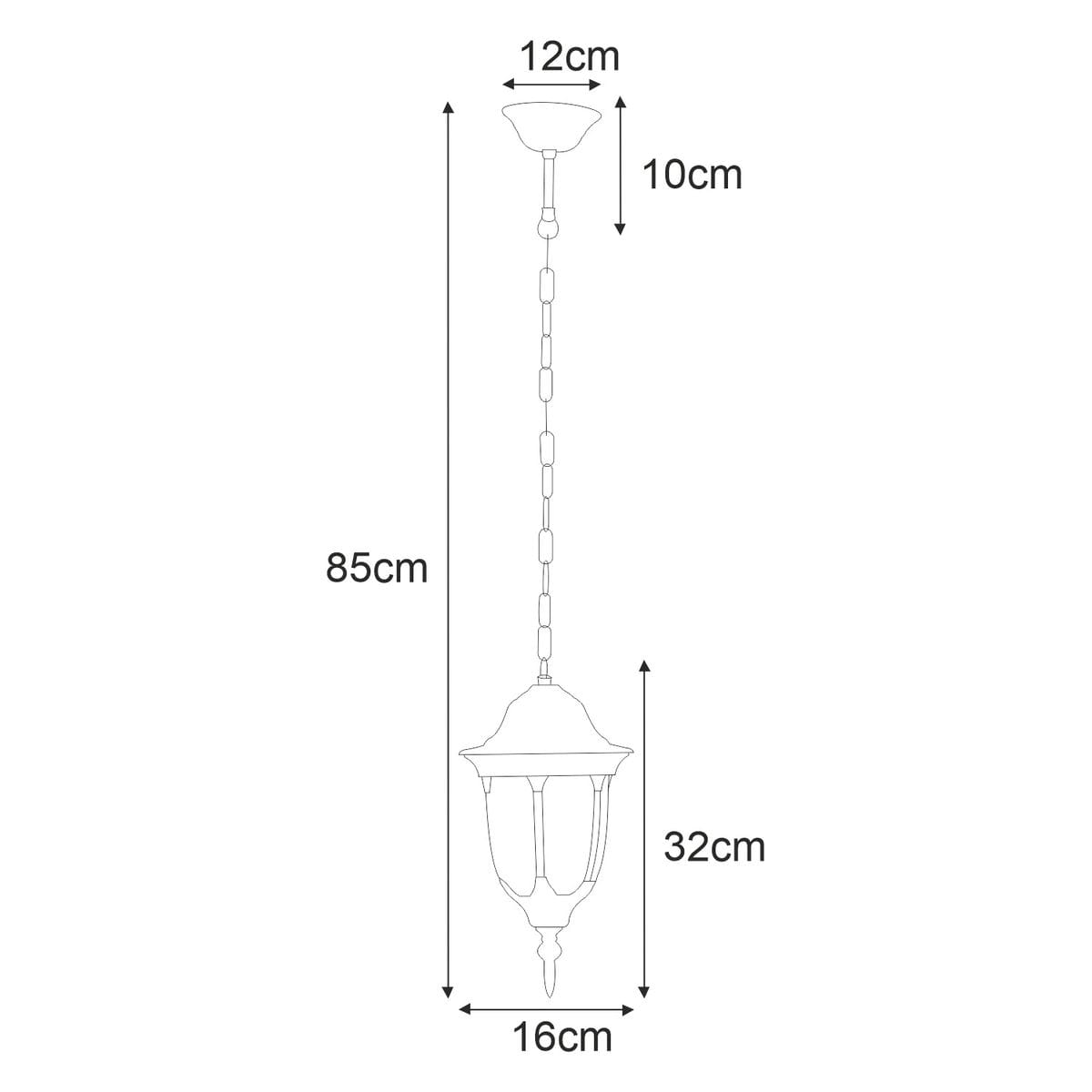 Wisząca lampa ogrodowa Vasco w kolorze czarnym, z miejscem na żarówkę E27. Wymiary: długość 85 cm, szerokość 16 cm, wysokość 32 cm. Posiada ozdobny klosz oraz łańcuszek mocujący. Idealna do oświetlenia przestrzeni zewnętrznej.