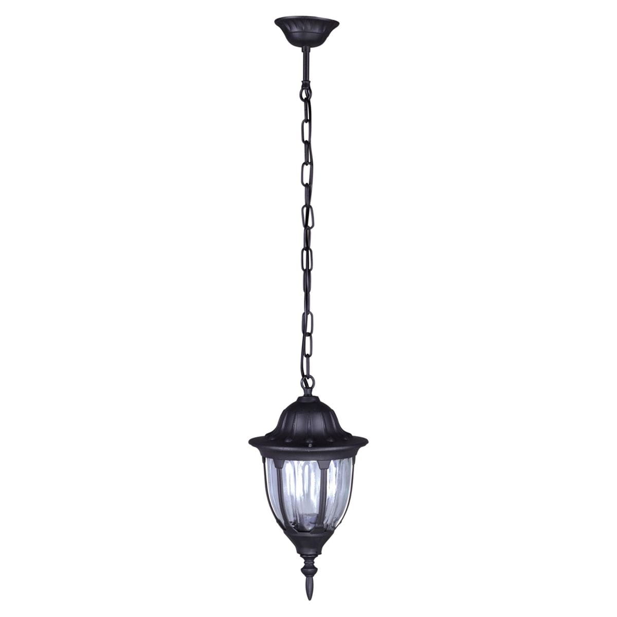 Lampa ogrodowa wisząca Vasco K-5007H/N, czarna, z metalowym kloszem i przezroczystymi ściankami. Ujęcie z boku, zawieszona na łańcuchu. Posiada okrągły daszek i dekoracyjny detal na końcu. Idealna do oświetlenia przestrzeni zewnętrznych.