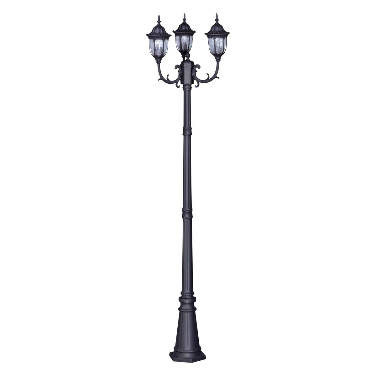 Czarna lampa ogrodowa Vasco H235 z trzema kloszami na żarówki E27, stojąca, o klasycznym kształcie. Wysoka konstrukcja z ozdobnymi detalami, umieszczona na solidnej podstawie. Idealna do oświetlenia przestrzeni zewnętrznych.