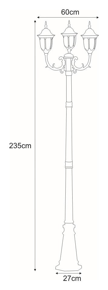 Czarna lampa ogrodowa Vasco H235 z trzema kloszami, z wysokością 235 cm i podstawą o średnicy 27 cm. Klosze mają dekoracyjne detale i są umieszczone na metalowym stelażu o szerokości 60 cm, przeznaczona na żarówki E27.