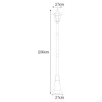 Lampa ogrodowa stojąca Standard H230, czarna, z jednym gniazdem E27. Wysokość 230 cm, średnica podstawy 27 cm. Klasyczny kształt z ozdobnym kloszem, idealna do oświetlenia przestrzeni zewnętrznych.