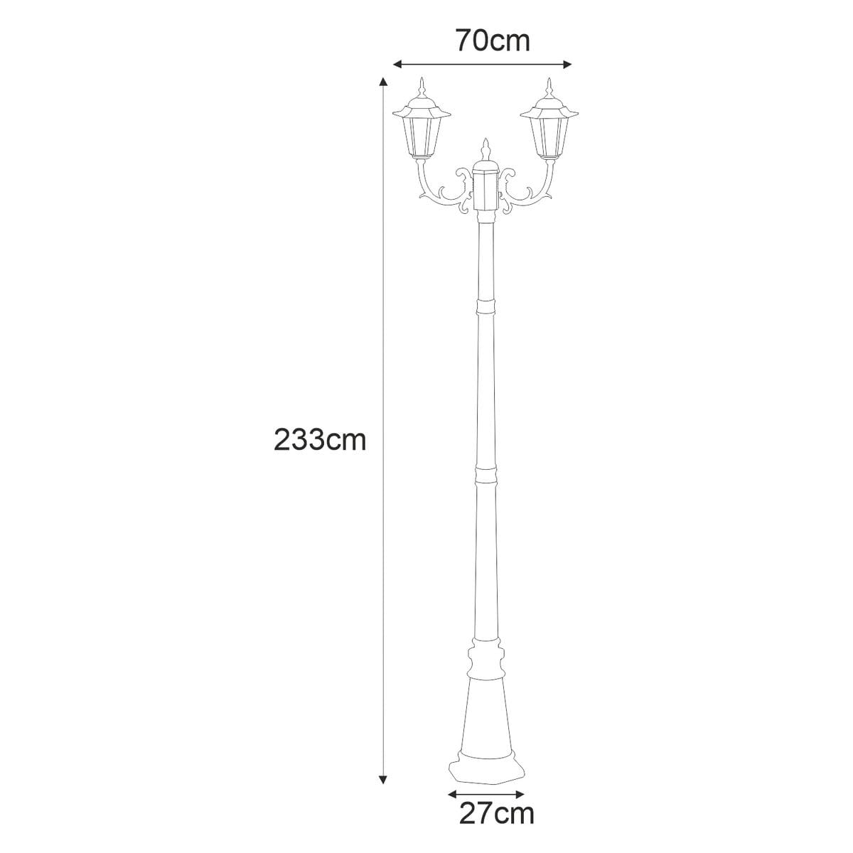Czarna lampa ogrodowa stojąca Standard H233 z dwoma kloszami na żarówki E27. Wysokość 233 cm, szerokość 70 cm, podstawa o średnicy 27 cm. Prosty, klasyczny design idealny do oświetlenia przestrzeni zewnętrznych.