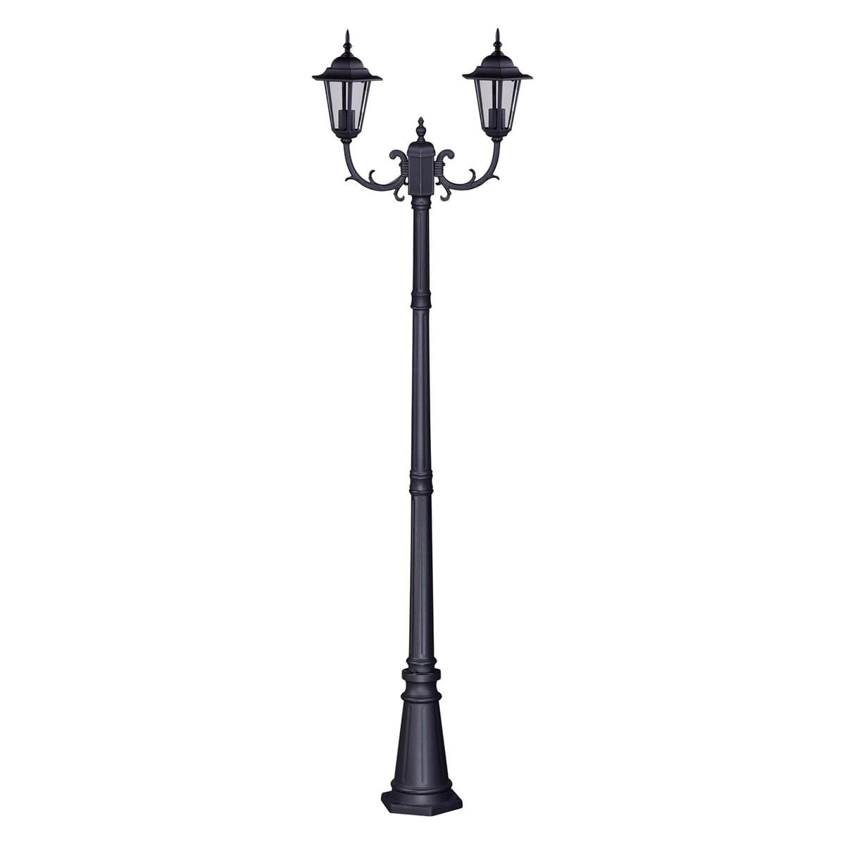 Lampa ogrodowa stojąca Standard H233 w kolorze czarnym, wykonana z metalu, z dwoma kloszami E27. Ujęcie frontalne, wysokość słupa z dekoracyjnym podstawą, elegancki styl retro. Idealna do oświetlenia ogrodu lub ścieżek.