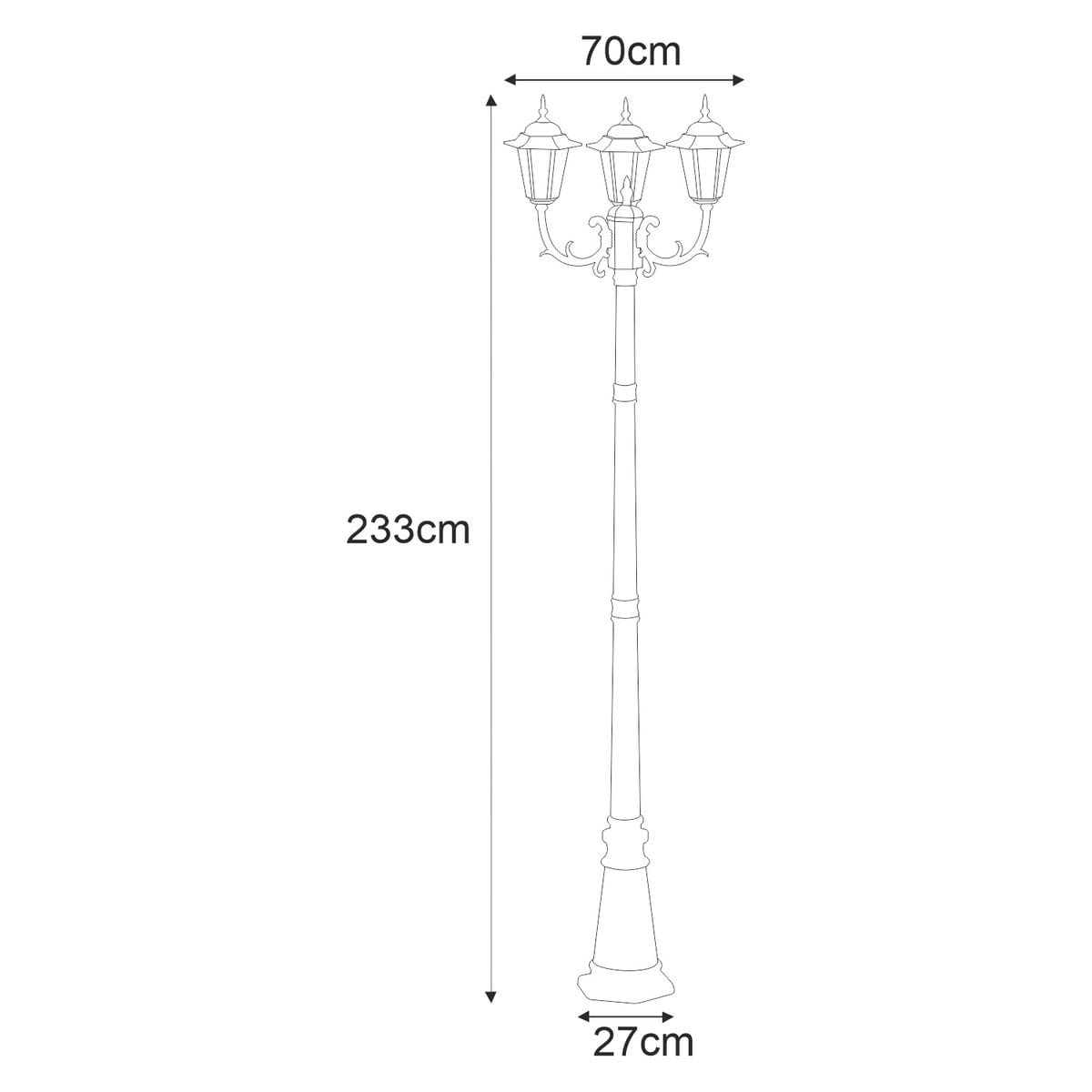 Lampa ogrodowa stojąca Standard H233, czarna, z trzema kloszami na żarówki E27. Wysokość 233 cm, średnica podstawy 27 cm, szerokość 70 cm. Elegancki design z ozdobnymi detalami, idealna do oświetlenia przestrzeni zewnętrznych.