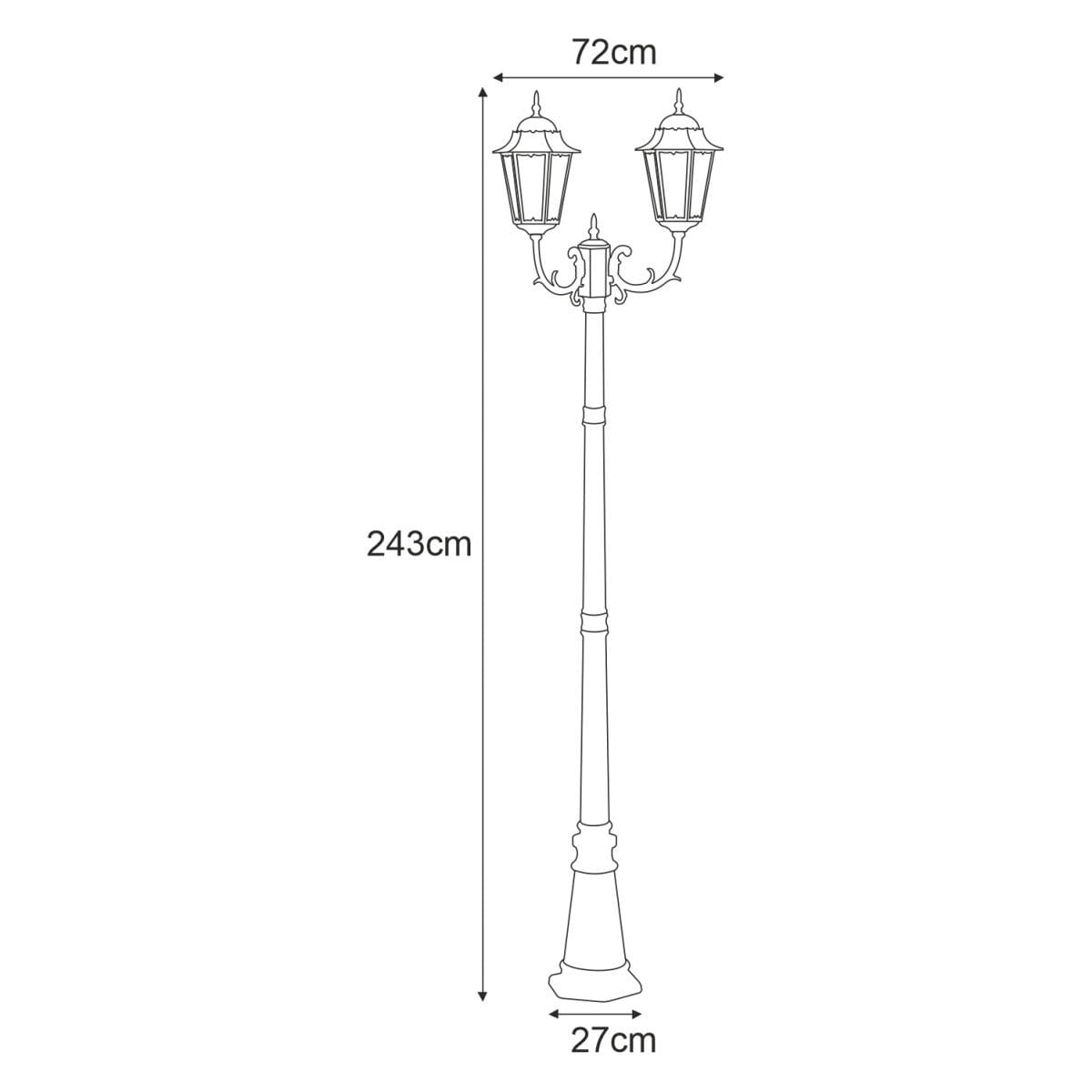 Czarna lampa ogrodowa Lozana H243 z podwójnym źródłem światła E27, o wysokości 243 cm i podstawie 27 cm. Dwa klosze o szerokości 72 cm umieszczone na eleganckim, prostym stelażu. Idealna do oświetlenia przestrzeni zewnętrznych.