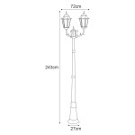Czarna lampa ogrodowa Lozana H243 z podwójnym źródłem światła E27, o wysokości 243 cm i podstawie 27 cm. Dwa klosze o szerokości 72 cm umieszczone na eleganckim, prostym stelażu. Idealna do oświetlenia przestrzeni zewnętrznych.