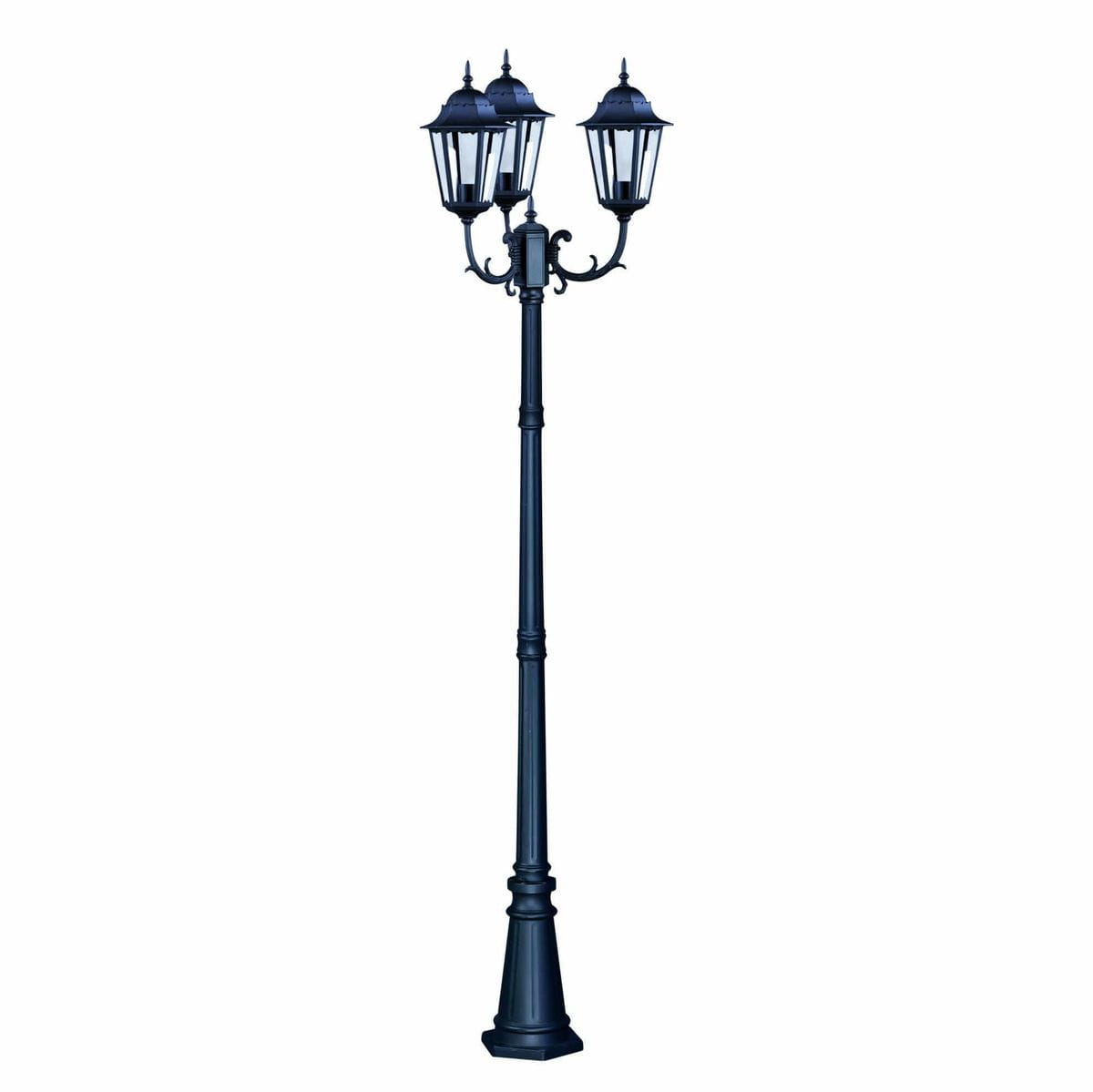 Lampa ogrodowa Lozana H243 w kolorze czarnym, stojąca, z trzema kloszami na żarówki E27. Wysoka konstrukcja z ozdobnymi detalami, z widocznym podstawą i smukłym słupem. Ujęcie frontalne na białym tle.