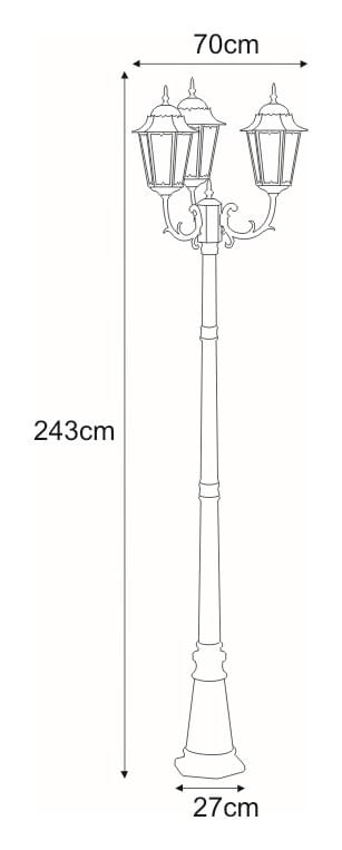 Lampa ogrodowa Lozana H243 w kolorze czarnym, stojąca, z trzema oprawami E27. Wymiary: wysokość 243 cm, średnica podstawy 27 cm, szerokość 70 cm. Elegancki design z klasycznymi kloszami.