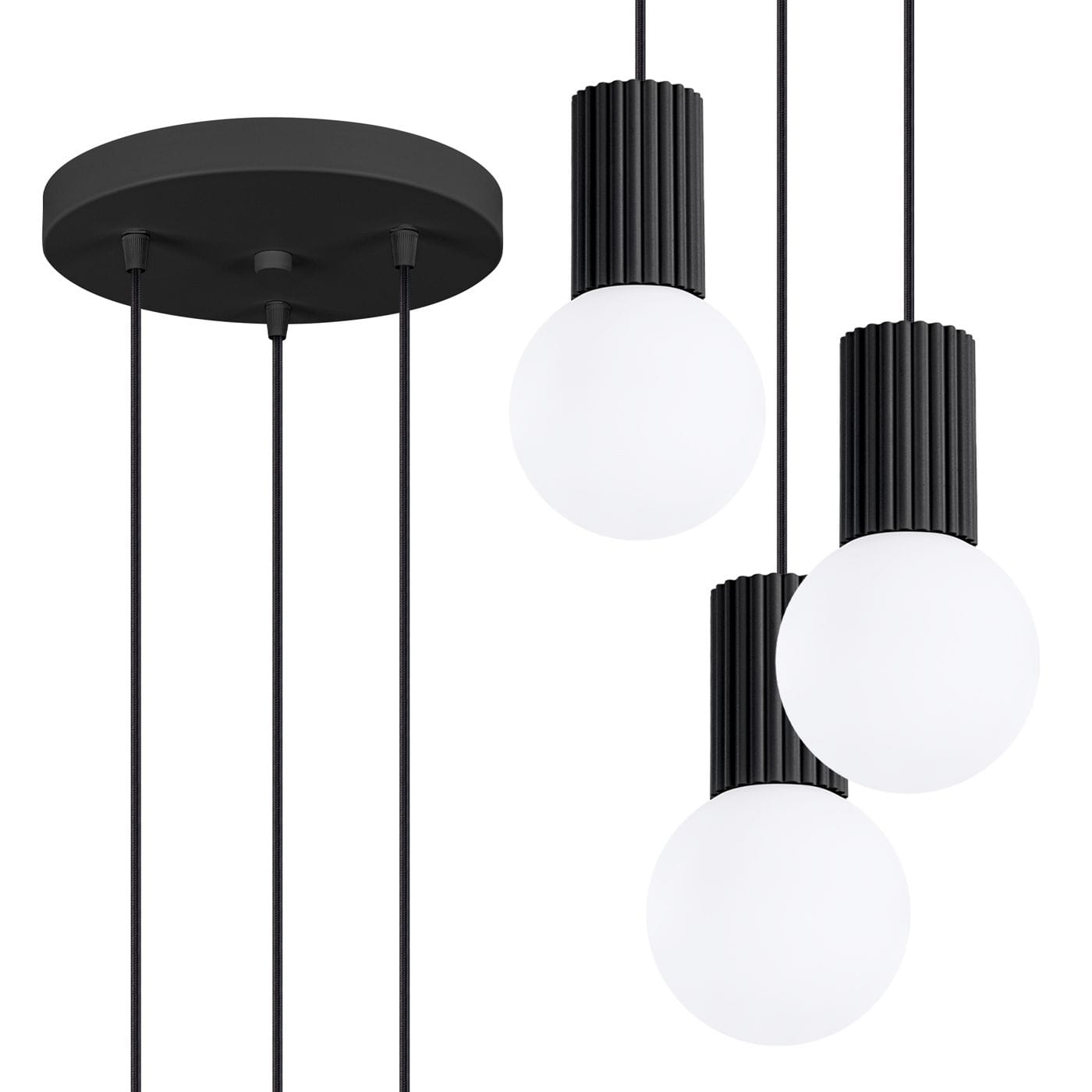 Lampa wisząca Halo 3xG9 w kolorze czarnym z okrągłym, matowym kloszem z białego szkła. Składa się z trzech zwisających elementów, zamocowanych na czarnym, okrągłym stropie. Wyróżniające się żeberkowane detale na górnej części kloszy.