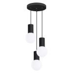 Lampa wisząca Halo z trzema oprawami G9, w kolorze czarnym. Posiada okrągły sufitowy uchwyt oraz trzy białe, okrągłe klosze z żebrowanym wykończeniem, zawieszone na cienkich linkach. Produkt wisi w pozycji pionowej, na jednolitym tle.