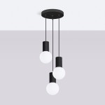 Lampa wisząca Halo 3xG9 w kolorze czarnym, z trzema okrągłymi, białymi kloszami na długich, cienkich linkach. Klosze osadzone w cylindrycznych, żebrowanych podstawach. Montaż sufitowy, minimalistyczny design na jasnym tle.
