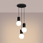 Lampa wisząca Halo 3xG9 w kolorze czarnym z trzema okrągłymi, białymi kloszami, zawieszona na czarnych linkach. Ujęcie z góry, ukazujące efektowny design i minimalistyczny styl. Baza lampy okrągła, wykonana z metalu.