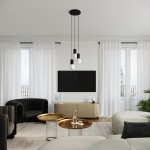 Lampa wisząca Halo 3xG9 w kolorze czarnym, z trzema okrągłymi kloszami w białym kolorze, zwisająca na długich kablach z sufitu. Produkt umieszczony w nowoczesnym wnętrzu z jasnymi zasłonami i minimalistycznymi meblami.