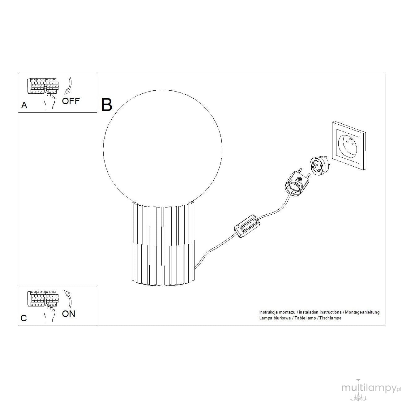 Beżowa lampa stołowa Halo z okrągłym kloszem i żebrowanym trzonem. Widoczny kabel z wtyczką G9 oraz przycisk do włączania i wyłączania. Lampa prezentowana w pozycji stojącej, na prostym tle.