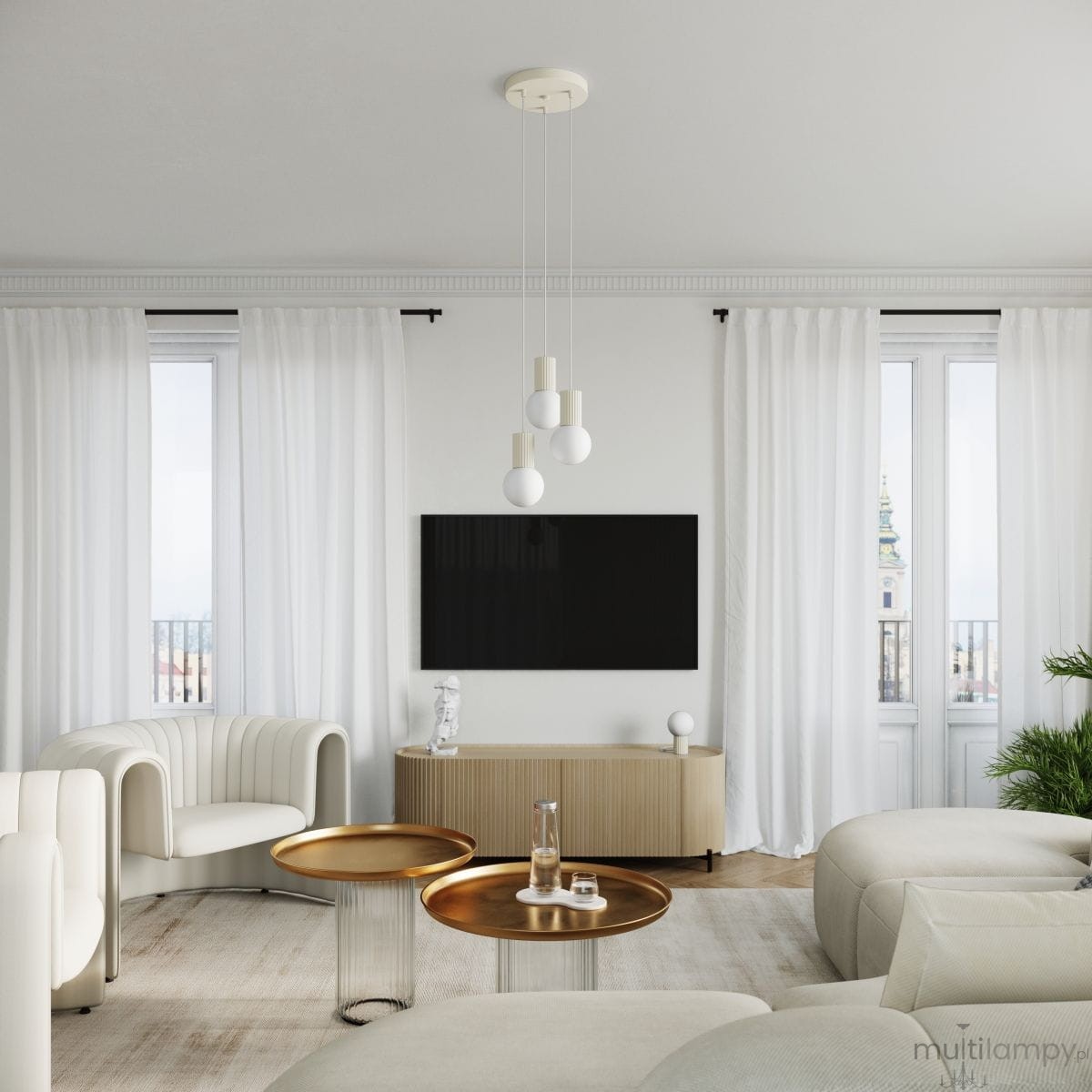 Beżowa lampa stołowa Halo z pojedynczym gniazdem G9, o okrągłej podstawie i minimalistycznym designie. Zestawiona w nowoczesnym wnętrzu, na tle jasnych zasłon i telewizora, podkreślająca elegancki styl aranżacji.