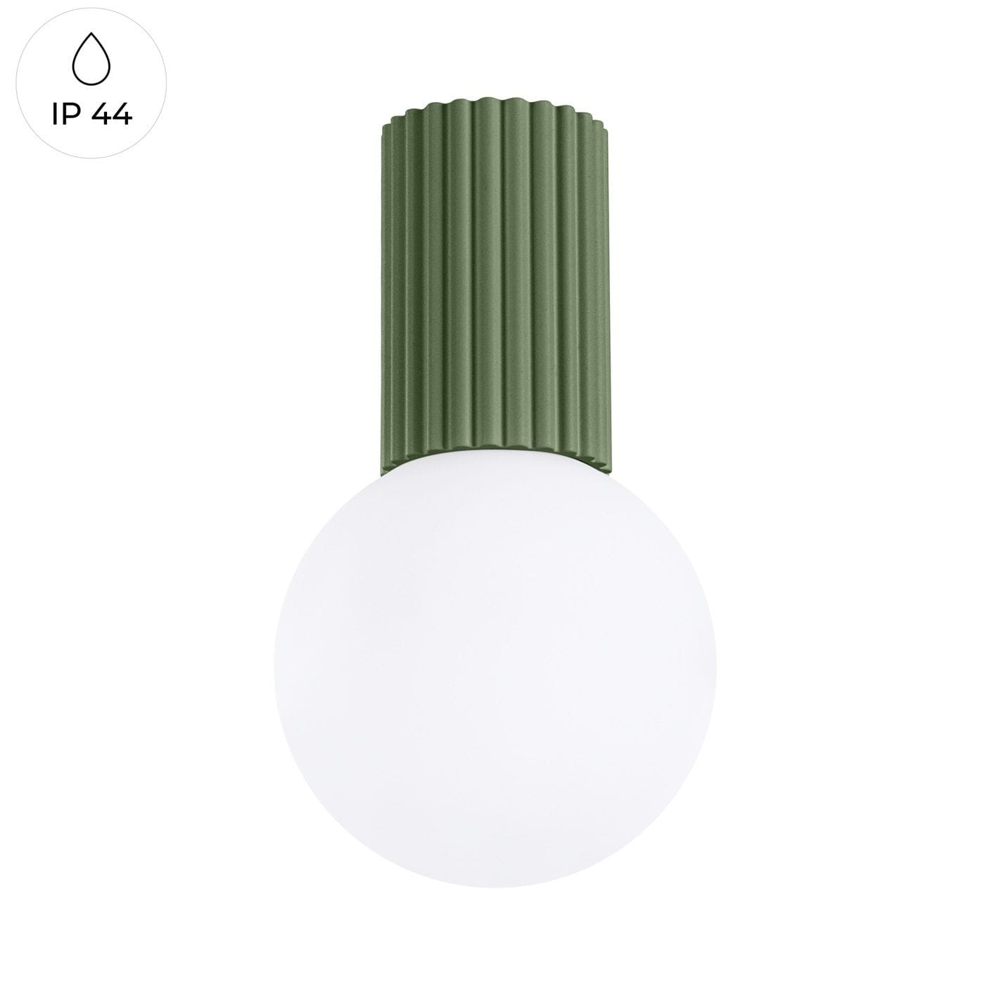 Lampa sufitowa Halo z zieloną oliwkową oprawą i białą, okrągłą kulą, montowana na suficie. Oprawa ma teksturowaną, żebrowaną powierzchnię. Oznaczenie IP44 wskazuje na odporność na wilgoć.