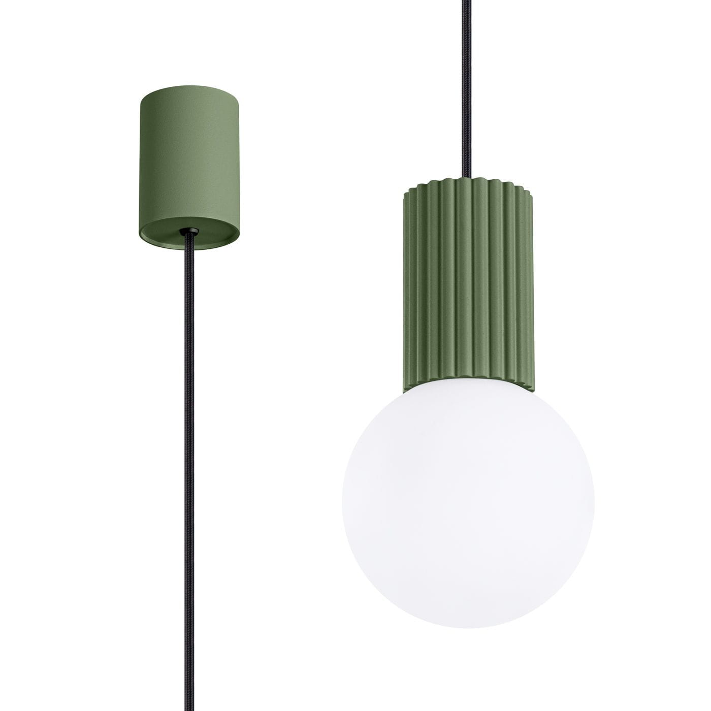 Lampa wisząca Halo 1xG9 w kolorze oliwkowej zieleni, z cylindrycznym kloszem z matowego szkła oraz teksturowanym uchwytem. Zawieszona na czarnym kablu, z górnym mocowaniem w tym samym odcieniu zieleni.