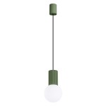 Lampa wisząca Halo 1xG9 w kolorze zielonej oliwki, z cylindrycznym, teksturowanym kloszem i okrągłym, matowym szkłem. Zawieszona na cienkim, czarnym przewodzie, z prostym, okrągłym mocowaniem sufitowym.