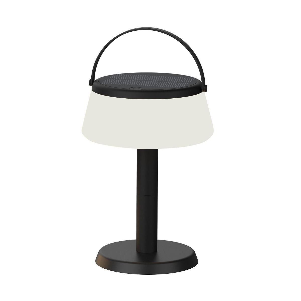 Lampa stołowa solarna LED Aure, 2,2W, kolor czarny, z białym kloszem, o okrągłej podstawie. Wyposażona w uchwyt do przenoszenia, przeznaczona do użytku zewnętrznego, z certyfikatem IP44. Światło o ciepłej barwie 2700K.