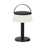 Lampa stołowa solarna LED Aure, 2,2W, kolor czarny, z białym kloszem, o okrągłej podstawie. Wyposażona w uchwyt do przenoszenia, przeznaczona do użytku zewnętrznego, z certyfikatem IP44. Światło o ciepłej barwie 2700K.