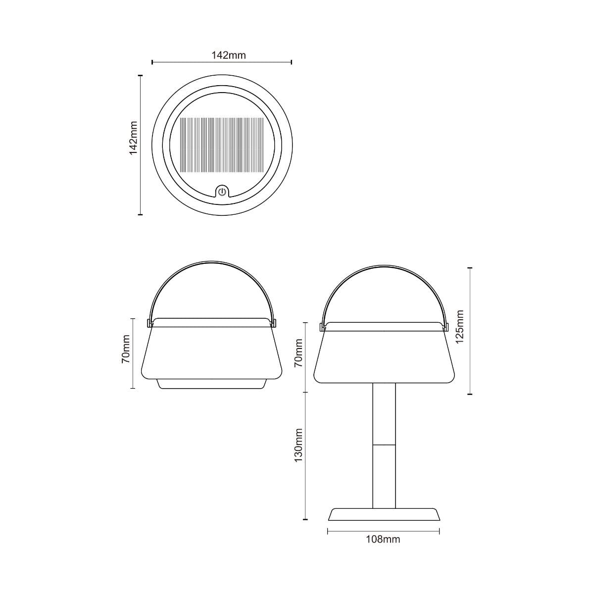 Lampa stołowa solarna LED Aure, czarna, o mocy 2,2W, ciepła barwa światła 2700K, IP44. Okrągła podstawa z uchwytem, wymiary: 142mm średnicy, 130mm wysokości. Idealna do użytku zewnętrznego.