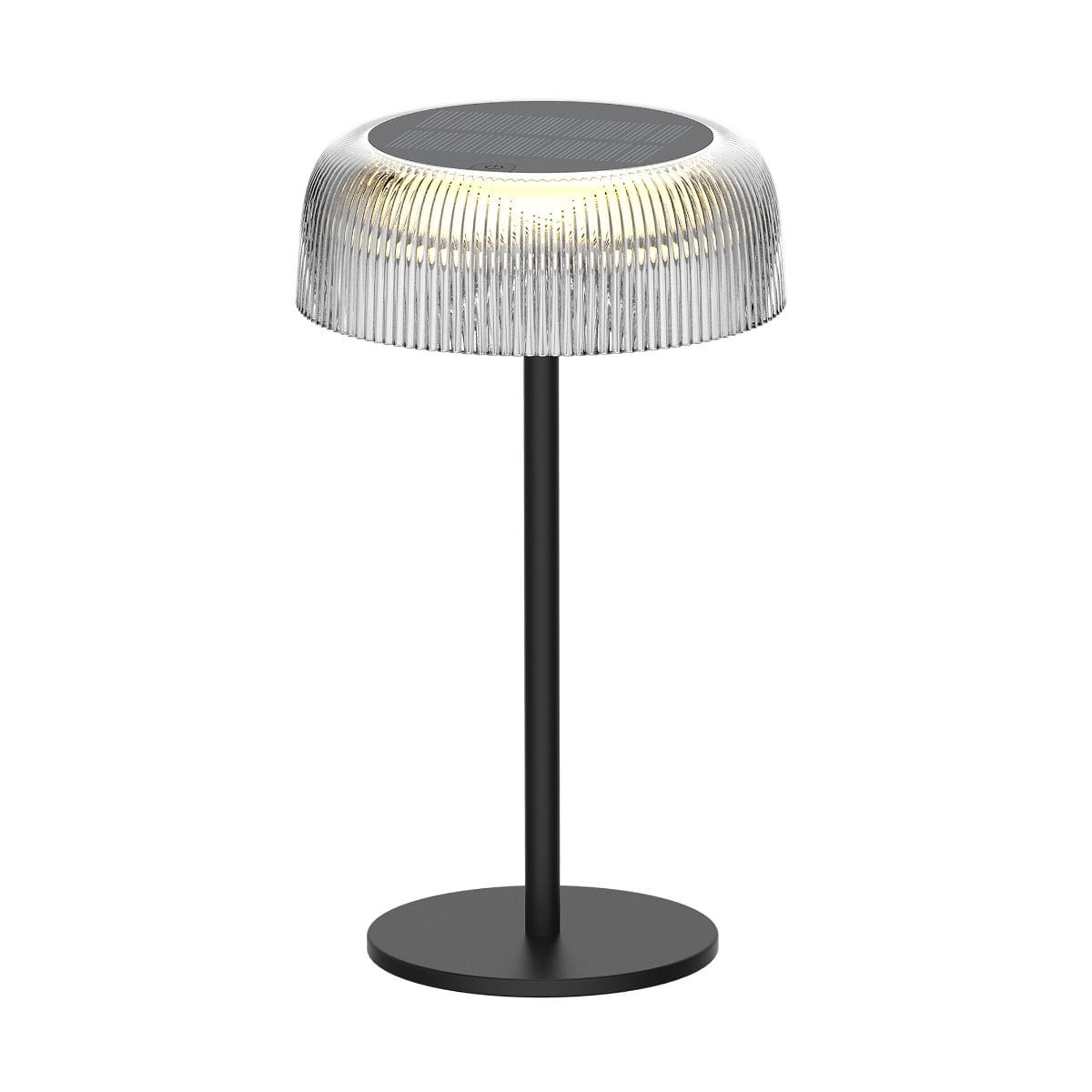Lampa stołowa solarna LED Bluet 2,5W, kolor czarny, z metalowym trzonem i kloszem w prążki. Klosz emitujący ciepłe światło 3000K, umieszczony na cienkiej podstawie. Ochrona IP44, idealna do użytku na zewnątrz.