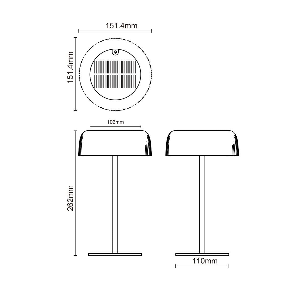 Lampa stołowa solarna LED Bluet, czarna, o mocy 2,5W i temperaturze barwowej 3000K. Kształt cylindryczny z okrągłą podstawą, wymiary: 262 mm wysokości, 110 mm średnicy podstawy. Ochrona IP44, idealna do użytku na zewnątrz.